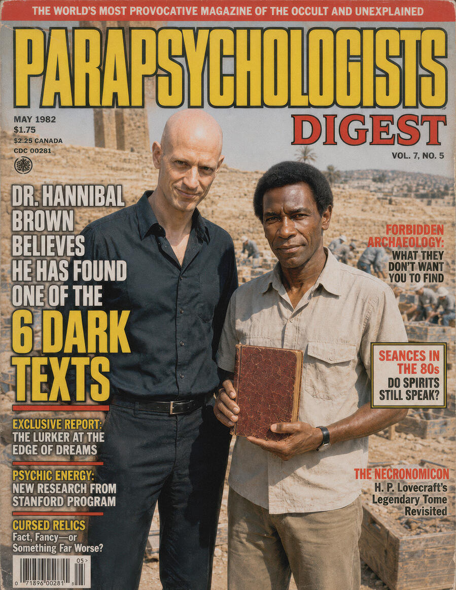 Parapsychologists Digest, May 1982: Dr. Hannibal Brown and M. Voss Fictional May 1982 Parapsychologists Digest magazine cover showing Dr. Hannibal Brown beside M. Voss at an archaeological excavation.