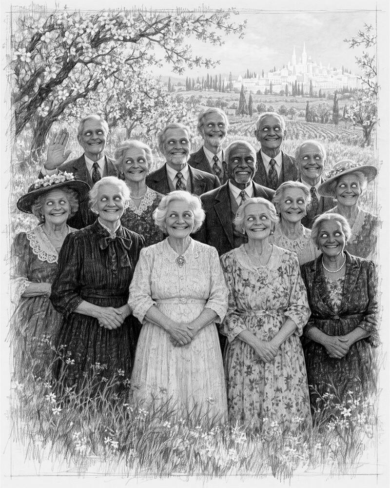 The Shape of Suffering, Case 06: The Family Graphite group portrait of thirteen smiling elderly people in a garden, with pale, vacant eyes and a distant city beyond the trees.