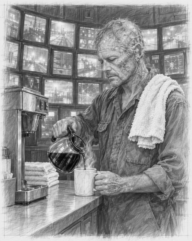The Shape of Suffering, Case 16: The Coffee Machine Graphite drawing of a severely scarred man calmly pouring coffee in a control room surrounded by glowing monitors.