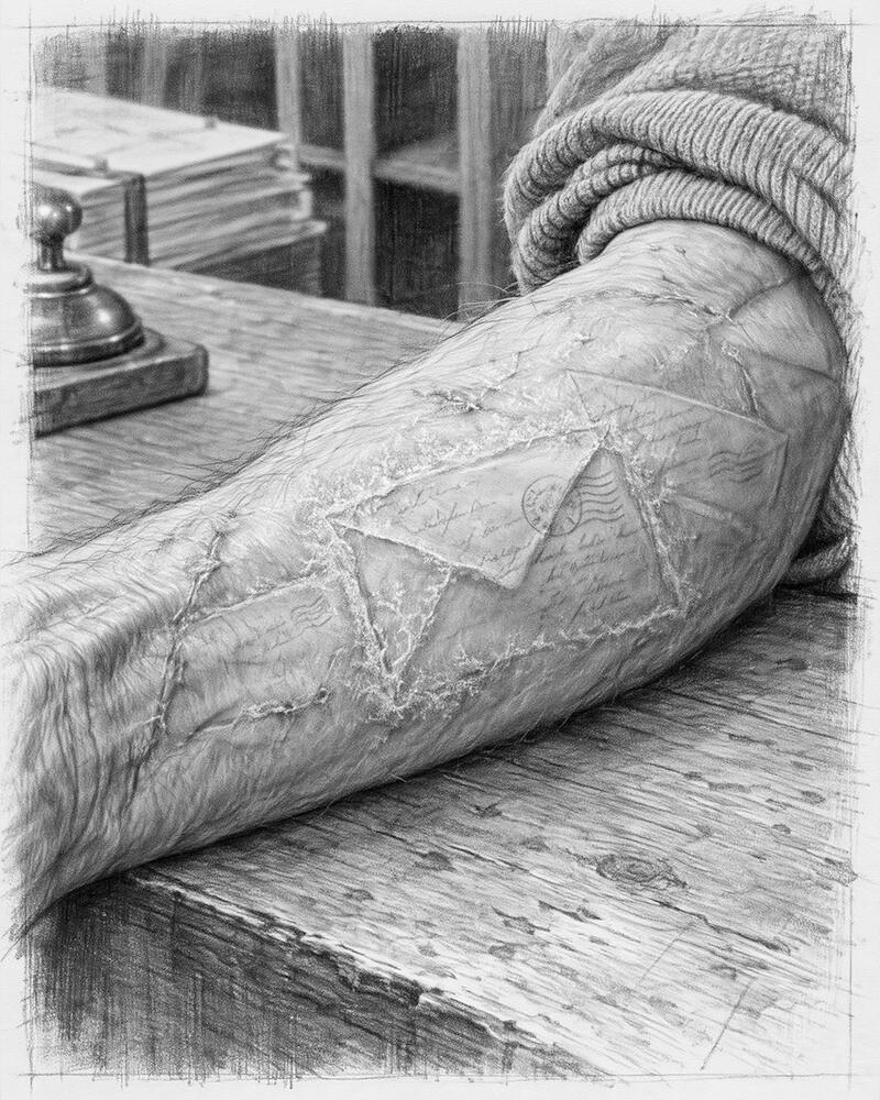 The Shape of Suffering, Case 01: The Forearm Graphite illustration of a scarred forearm resting on a wooden desk, with envelope-like shapes embedded beneath the skin.