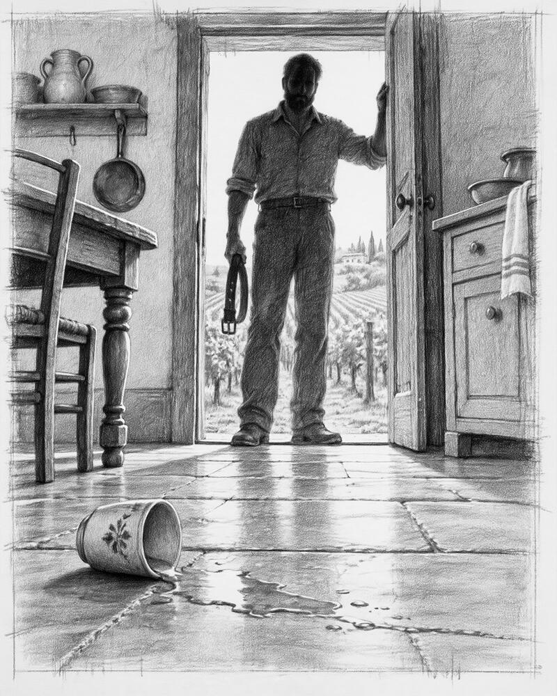 The Shape of Suffering, Case 04: The Kitchen Door Graphite drawing from a low viewpoint inside a kitchen, showing a man standing in the open doorway and an overturned cup on the tiled floor.