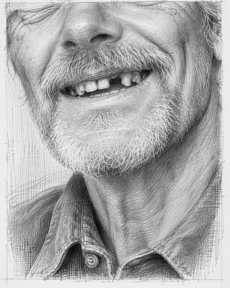 The Shape of Suffering, Case 09: The Father Close-up graphite portrait of an older bearded man's smile, revealing several missing teeth beneath his mustache.